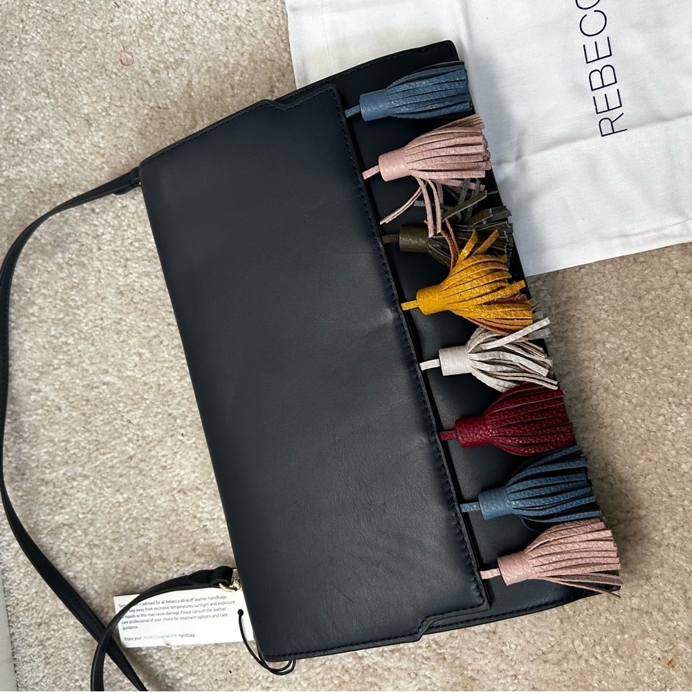 REBECCA MINKOFF Sofia Dark Blue Suede Tassel Convertible Clutch Crossbody Bag - Picture 3 of 10
